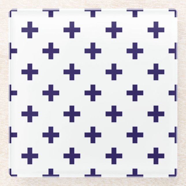 Navy blue polka crosses on white glass coaster (Front)
