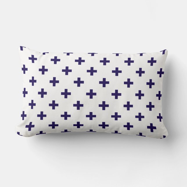 Navy blue polka crosses on white lumbar cushion (Front)