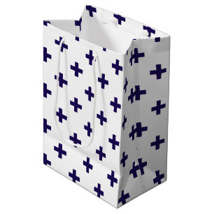 Navy blue polka crosses on white medium gift bag