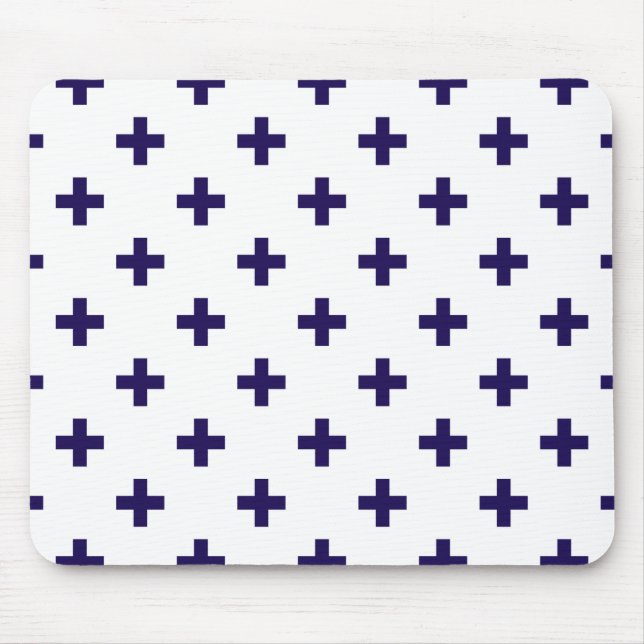 Navy blue polka crosses on white mouse mat (Front)