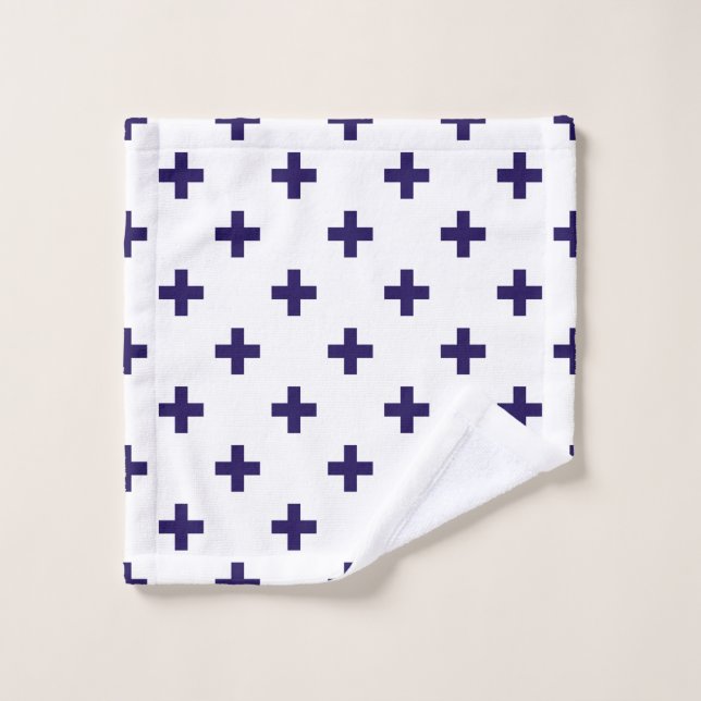 Navy blue polka crosses on white wash cloth (Wash Cloth)