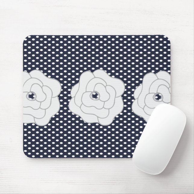 Navy Blue Polka Dot & Big White Flowers Mouse Mat (With Mouse)