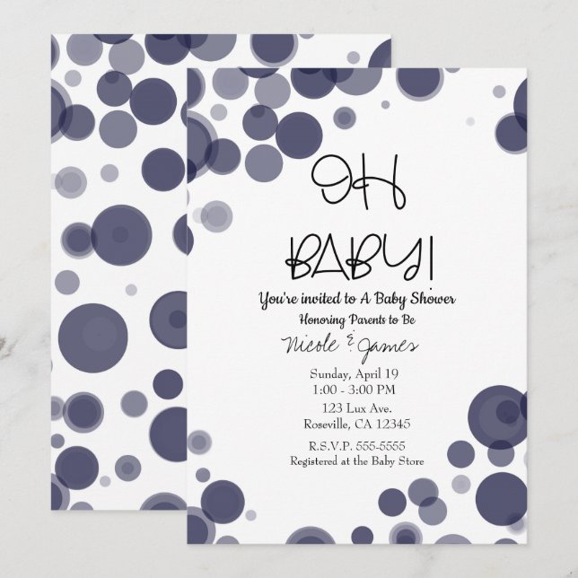 Navy Blue Polka Dot Bubbles OH BABY Shower Invitation (Front/Back)