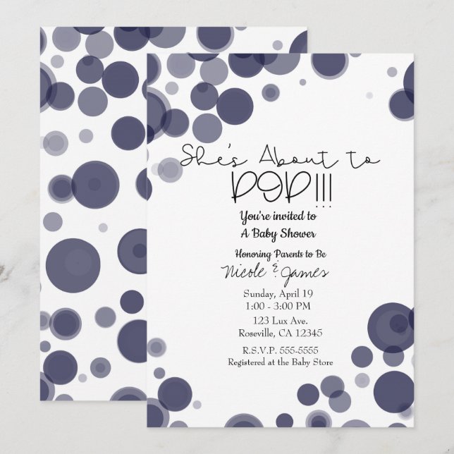 Navy Blue Polka Dot Bubbles She's About to POP Invitation (Front/Back)