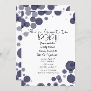 Navy Blue Polka Dot Bubbles She's About to POP Invitation