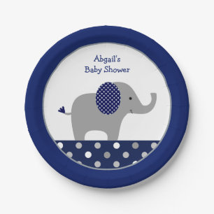 Navy Blue Polka Dot Elephant Baby Shower Paper Plate
