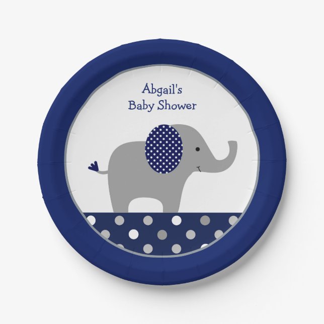 Navy Blue Polka Dot Elephant Baby Shower Paper Plate (Front)