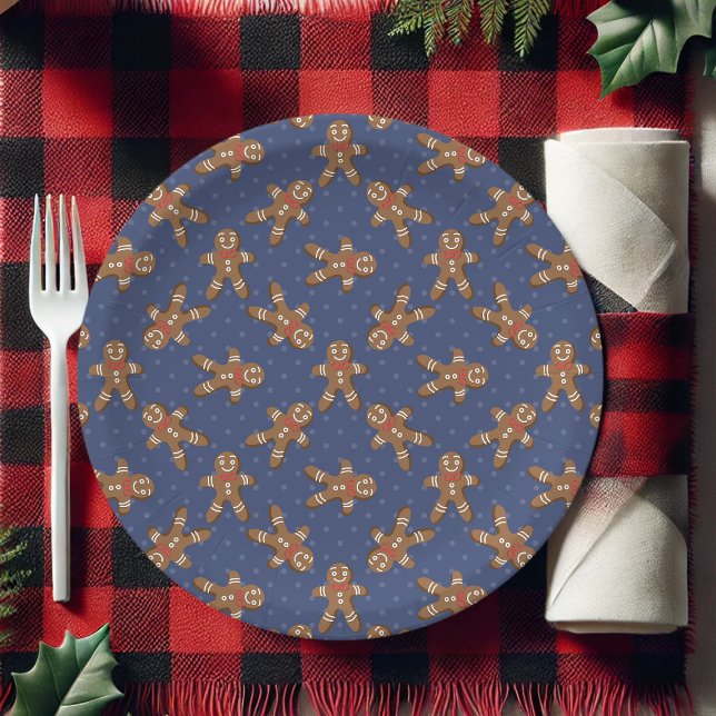 Navy Blue Polka Dot Gingerbread Man Christmas Paper Plate (Creator Uploaded)