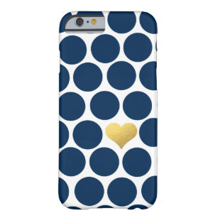 Navy Blue Polka Dot Gold Foil Heart iPhone Barely There iPhone 6 Case