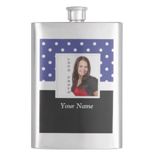 Navy blue polka dot photo template hip flask
