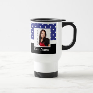 Navy blue polka dot photo template travel mug