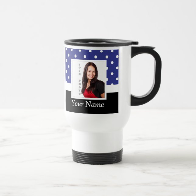 Navy blue polka dot photo template travel mug (Right)