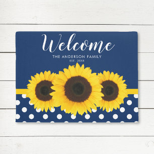Navy Blue Polka Dot Sunflower Personalised Doormat