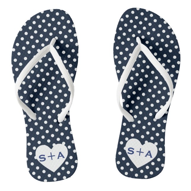 Navy Blue Polka Dots Heart Monogram Honeymoon Flip Flops (Footbed)