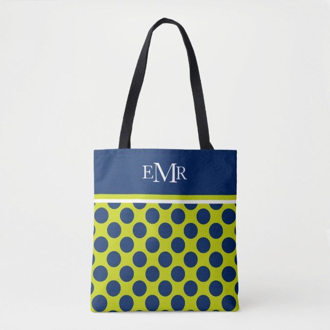 Navy Blue Polka Dots on Lime Green Monogram Tote Bag (Front)