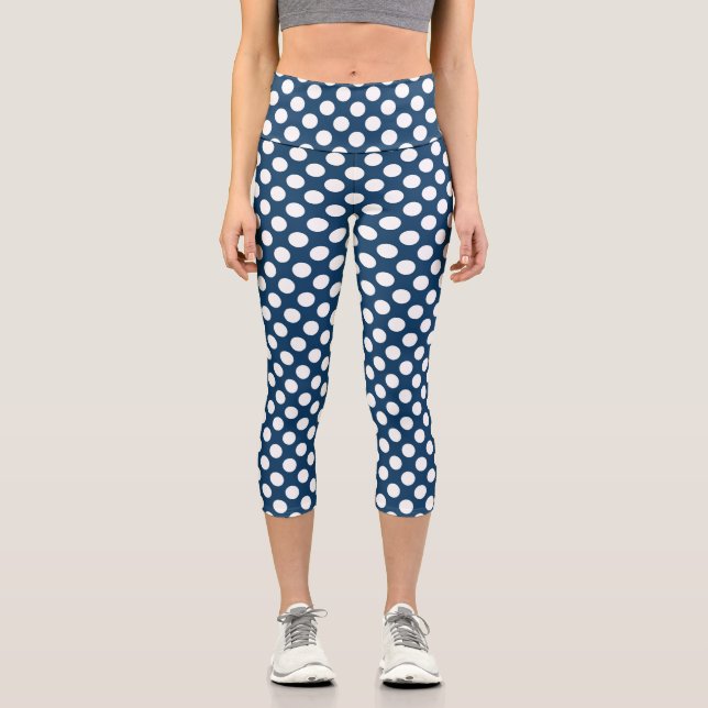 Navy Blue Polka Dots, Polka Dot Pattern, Dots Capri Leggings (Front)