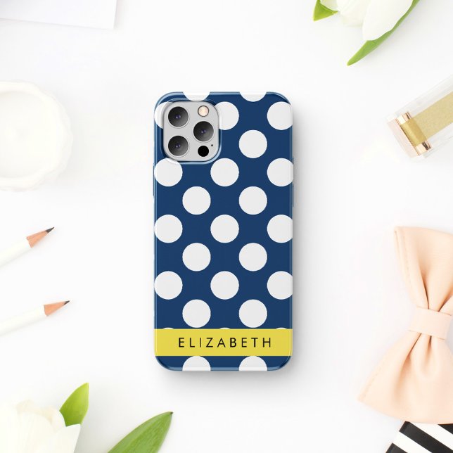 Navy Blue Polka Dots, Polka Dot Pattern, Your Name iPhone 16 Case (Creator Uploaded)
