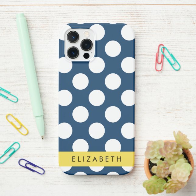 Navy Blue Polka Dots, Polka Dot Pattern, Your Name iPhone Case (On Desk)