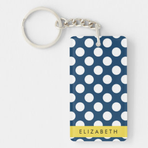 Navy Blue Polka Dots, Polka Dot Pattern, Your Name Key Ring