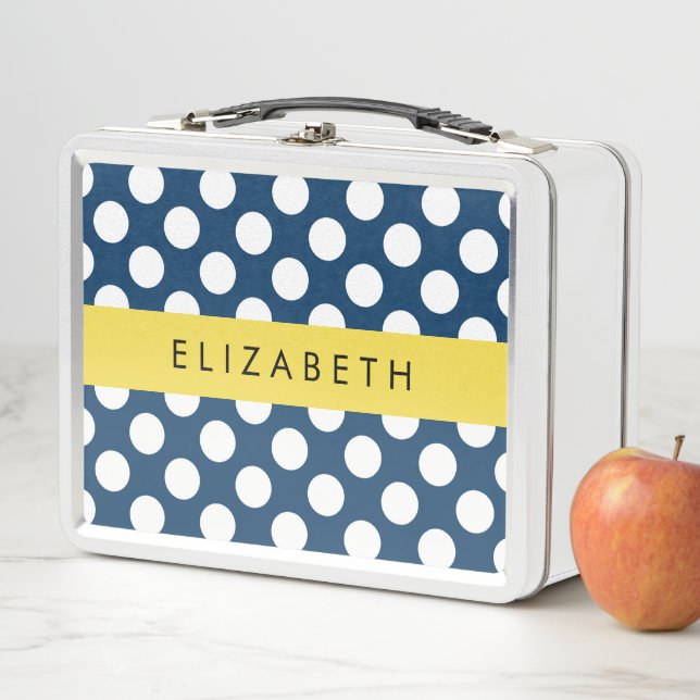 Navy Blue Polka Dots, Polka Dot Pattern, Your Name Metal Lunch Box (In Situ)