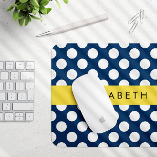 Navy Blue Polka Dots, Polka Dot Pattern, Your Name Mouse Mat