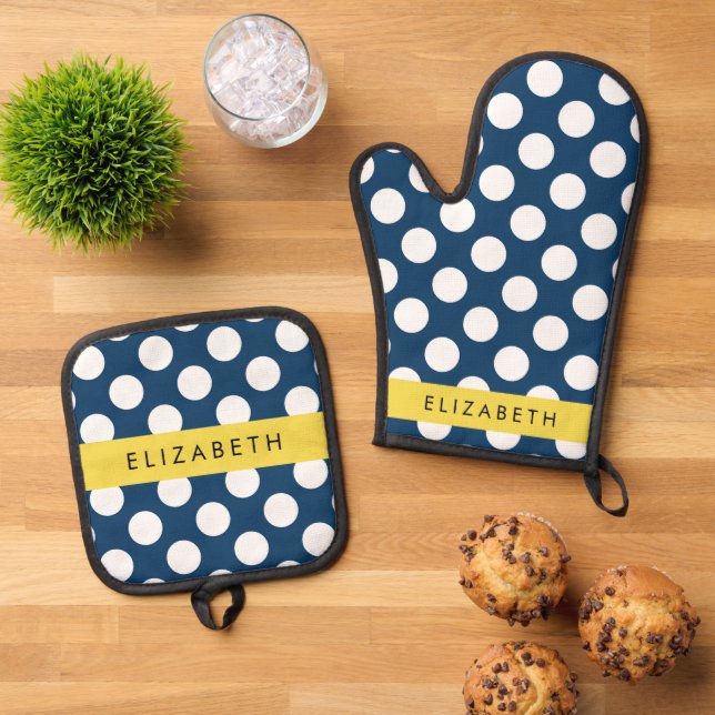 Navy Blue Polka Dots, Polka Dot Pattern, Your Name Oven Mitt & Pot Holder Set (Top Down)