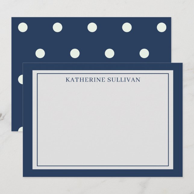 Navy Blue Polka Dots Stationary Flat Note Card (Front/Back)