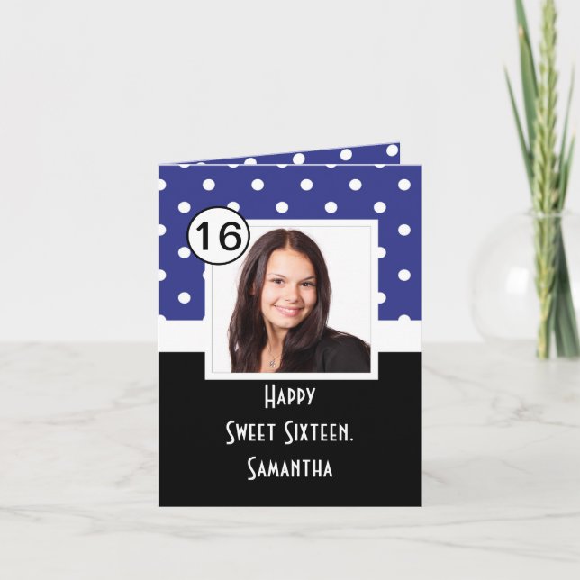 Navy Blue polkadot sweet sixteen Card (Front)