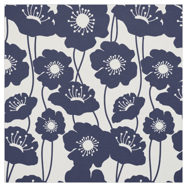 Navy Blue Poppies Pattern Fabric (Swatch)