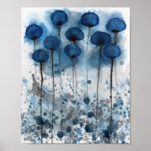 Navy Blue Poppies, Watercolor Flowers Wall Poster