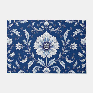 Navy Blue Porcelain Floral Pattern Doormat