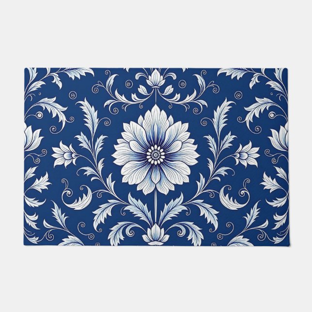 Navy Blue Porcelain Floral Pattern Doormat (Front)