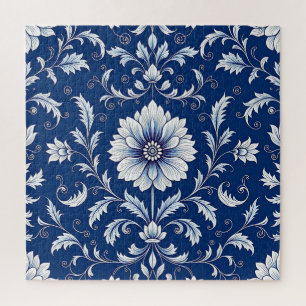 Navy Blue Porcelain Floral Pattern Jigsaw Puzzle