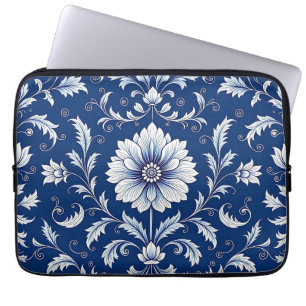 Navy Blue Porcelain Floral Pattern Laptop Sleeve