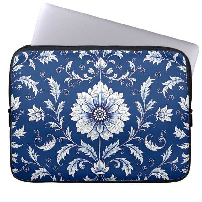 Navy Blue Porcelain Floral Pattern Laptop Sleeve (Front)