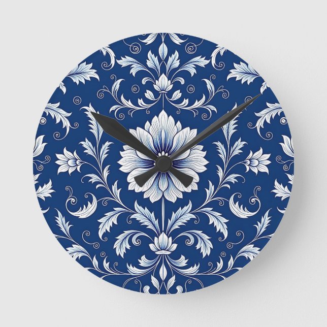 Navy Blue Porcelain Floral Pattern Round Clock (Front)