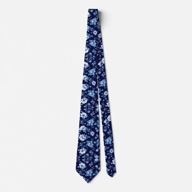 Navy Blue Porcelain Floral Wedding Groomsmen Gift Tie (Front)