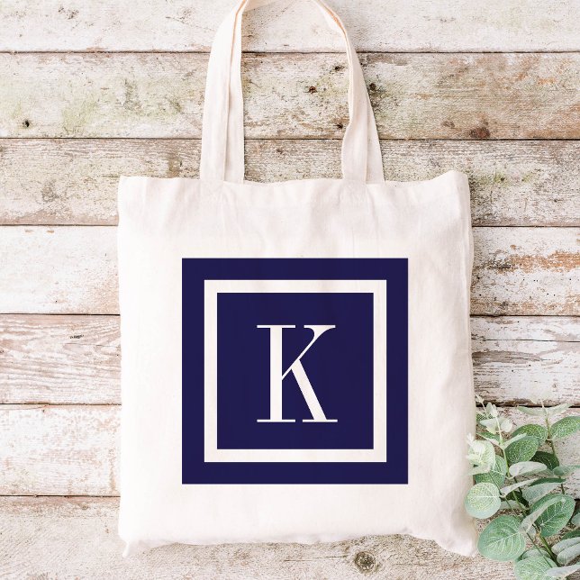 Navy Blue Preppy Square Monogram Tote Bag (Creator Uploaded)