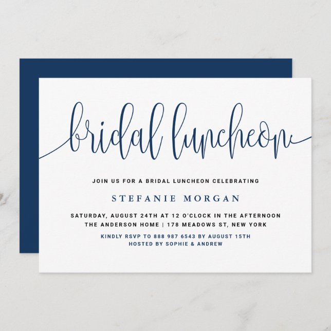 Navy Blue Pretty Calligraphy Bridal Luncheon Invitation (Front/Back)
