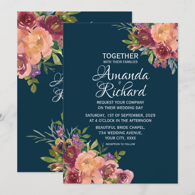 Navy Blue Pretty Floral Autumn Wedding Invitation (Front/Back)