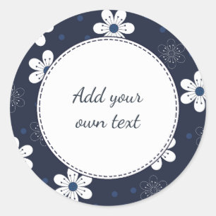 Navy Blue Pretty Floral Custom Text Classic Round Sticker