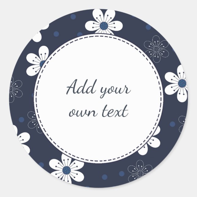 Navy Blue Pretty Floral Custom Text Classic Round Sticker (Front)