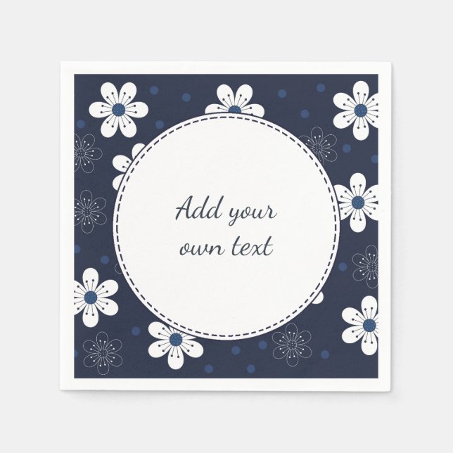 Navy Blue Pretty Floral Custom Text Napkin (Front)