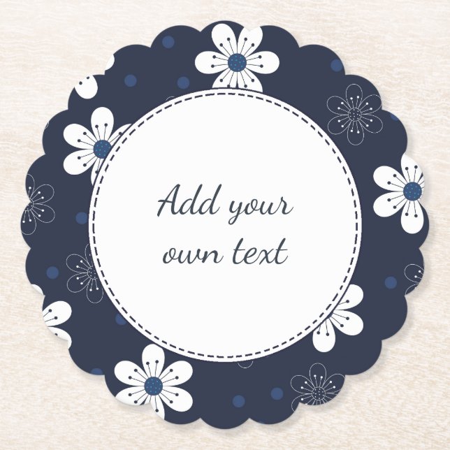 Navy Blue Pretty Floral Custom Text Paper Coaster (Front)