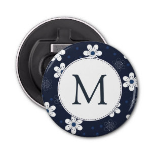 Navy Blue Pretty Floral Monogram Bottle Opener