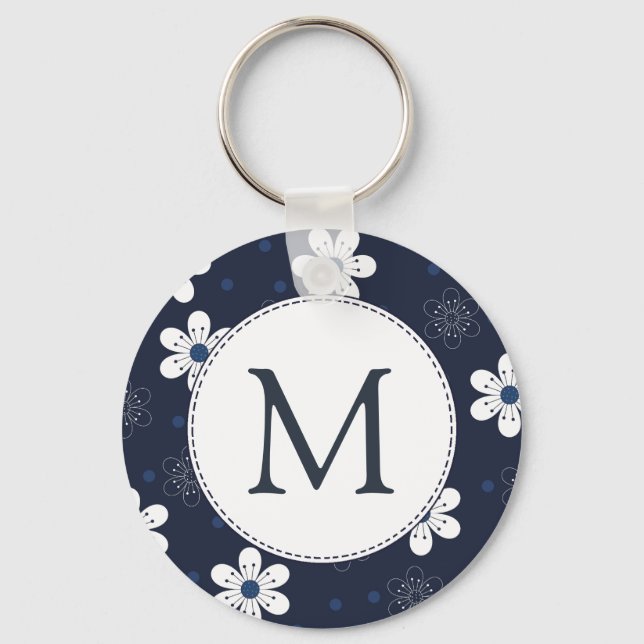 Navy Blue Pretty Floral Monogram Key Ring (Front)