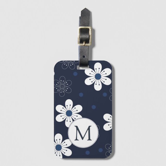 Navy Blue Pretty Floral Monogram Luggage Tag (Front Vertical)