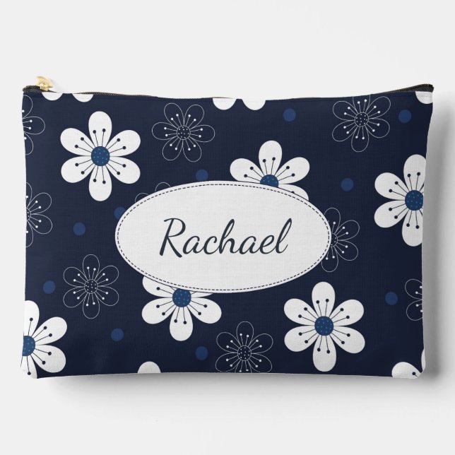 Navy Blue Pretty Floral Personalised Accessory Pouch (Front)