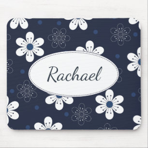 Navy Blue Pretty Floral Personalised Mouse Mat
