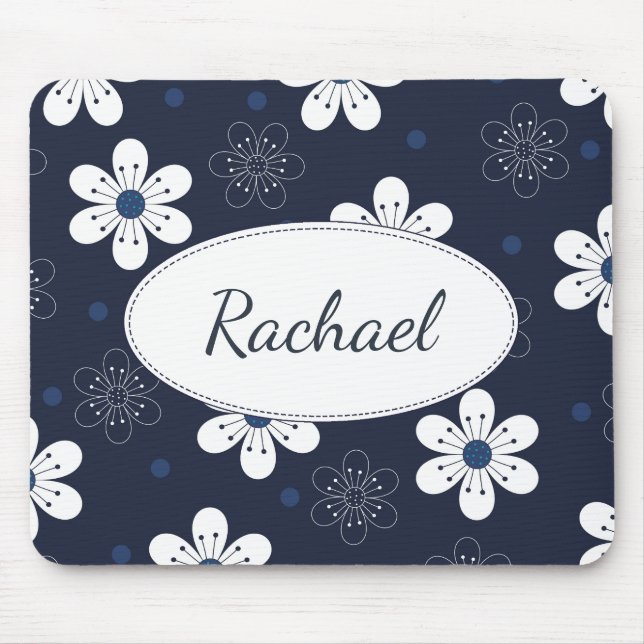 Navy Blue Pretty Floral Personalised Mouse Mat (Front)